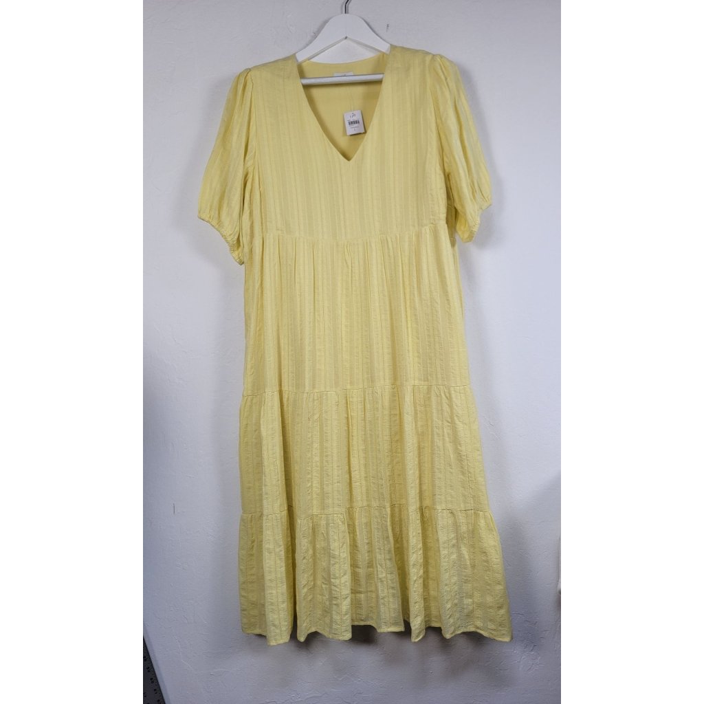 J. Jill Womens Pineapple Yellow Short Sleeve Tiered V-Neck Midi Dress Large New